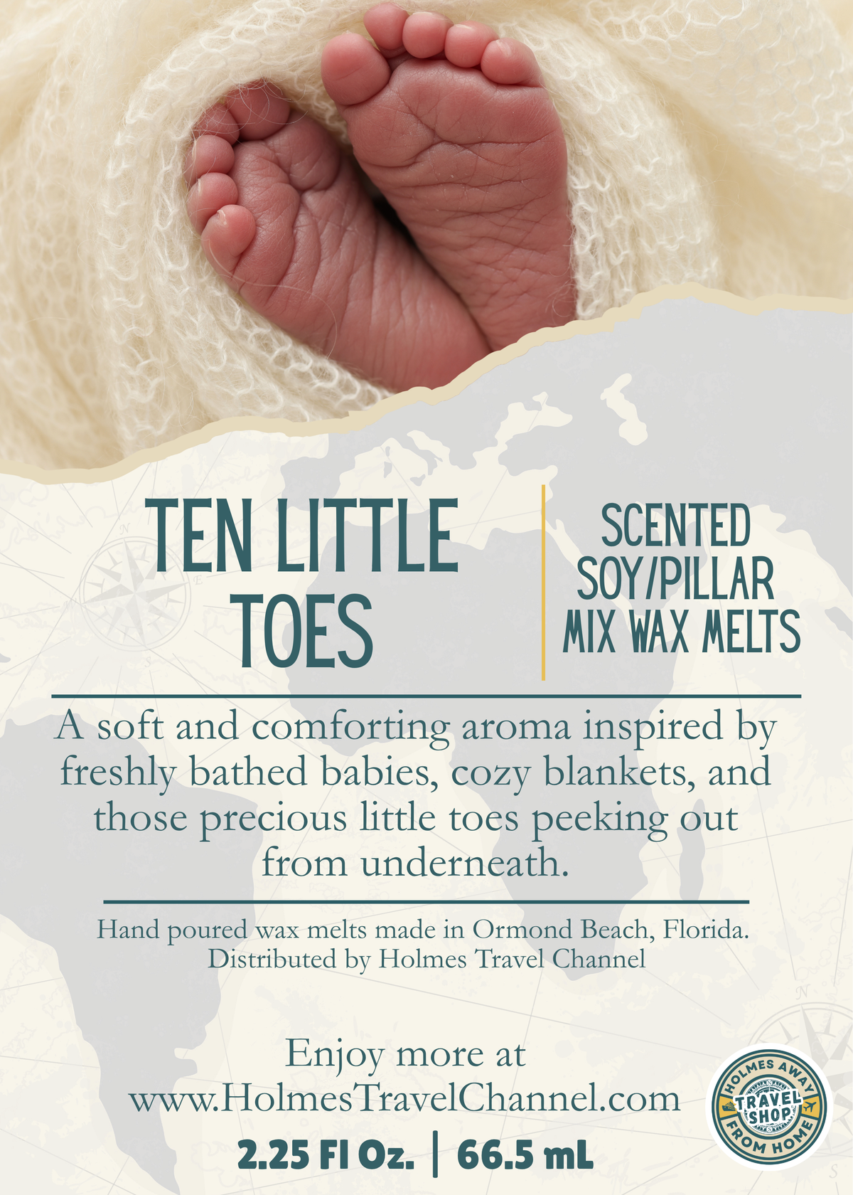 Ten Little Toes scented wax melt, Holmes Away From Home label